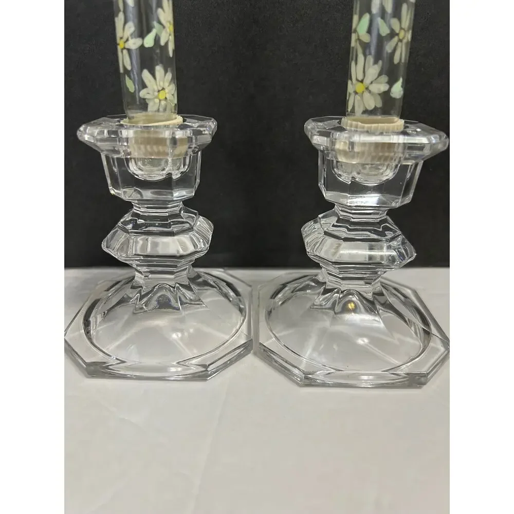 Glass‎ Oil Lamp Candles Handpainted Daisies With Glass Candlesticks